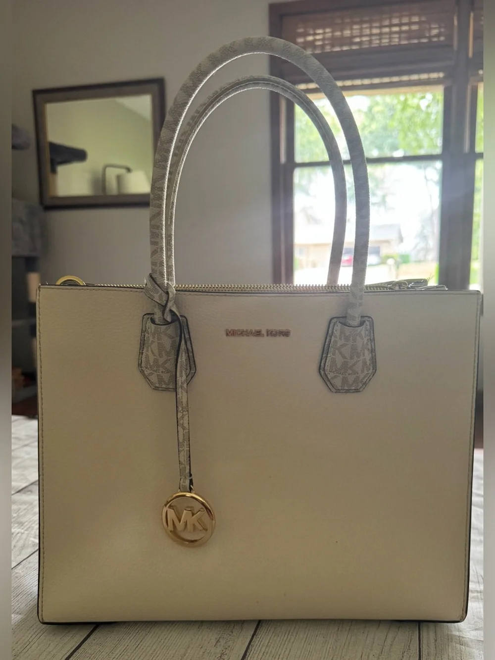 Michael Kors Cream Pebbled Leatherette Tote Satchel MK Signature Trim Zip Top